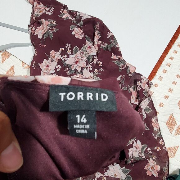 Torid Women's Plus Size 14 Burgundy Floral Cold Shoulder Boho Dress.  SKU# A-117 - Picture 15 of 16